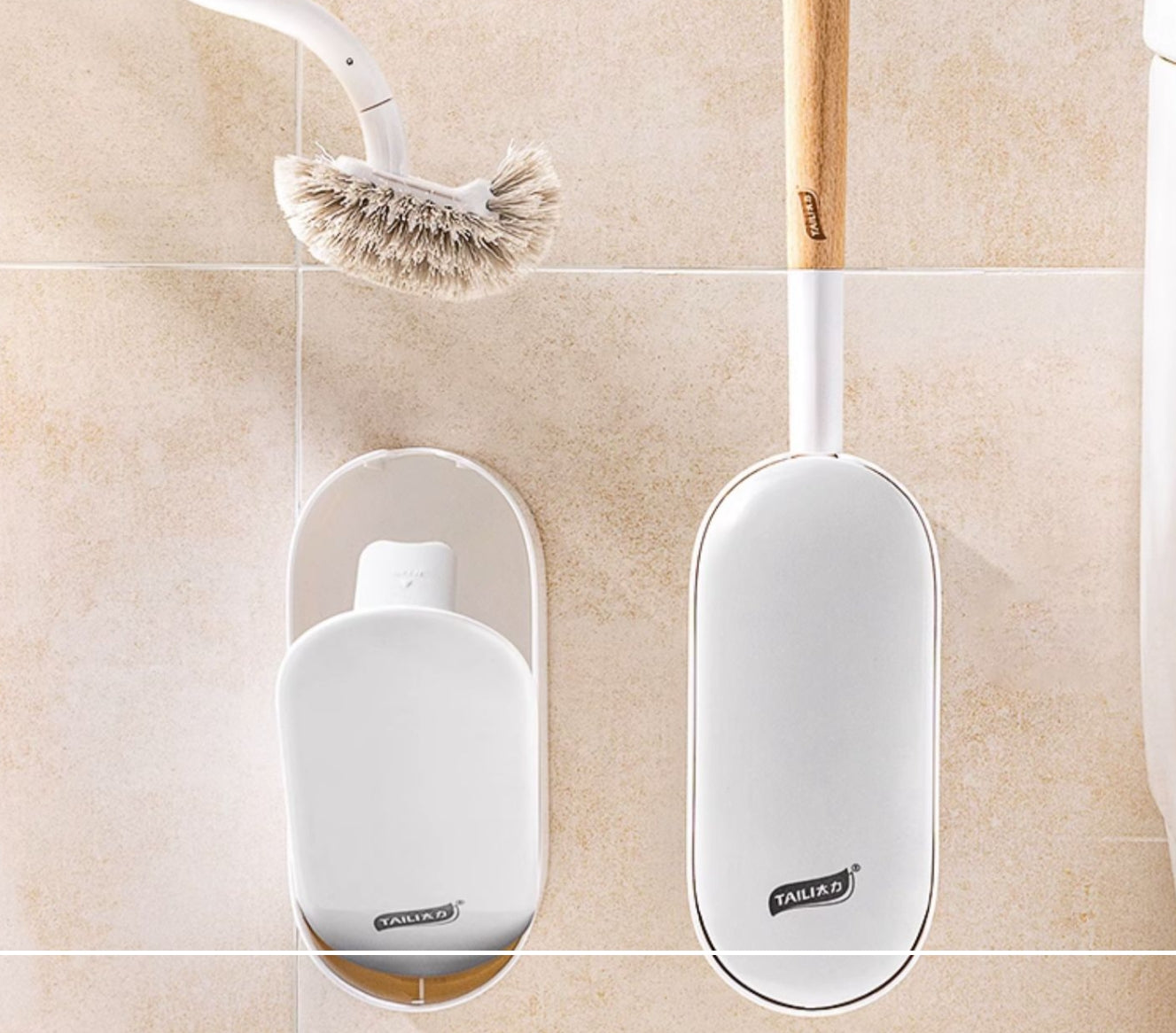 Taili Wall-Mounted No Drilling Bathroom Deep Cleaning Toilet Bowl Brush Holder Set X2Pack