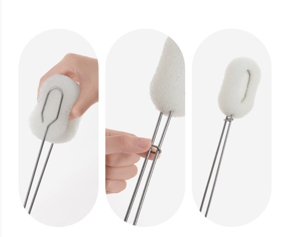 Fasola White Stainless Steel Long Handle Cup Bottle Cleaner Brush with Sponge 34.5 X 5.5 cm X2Pack