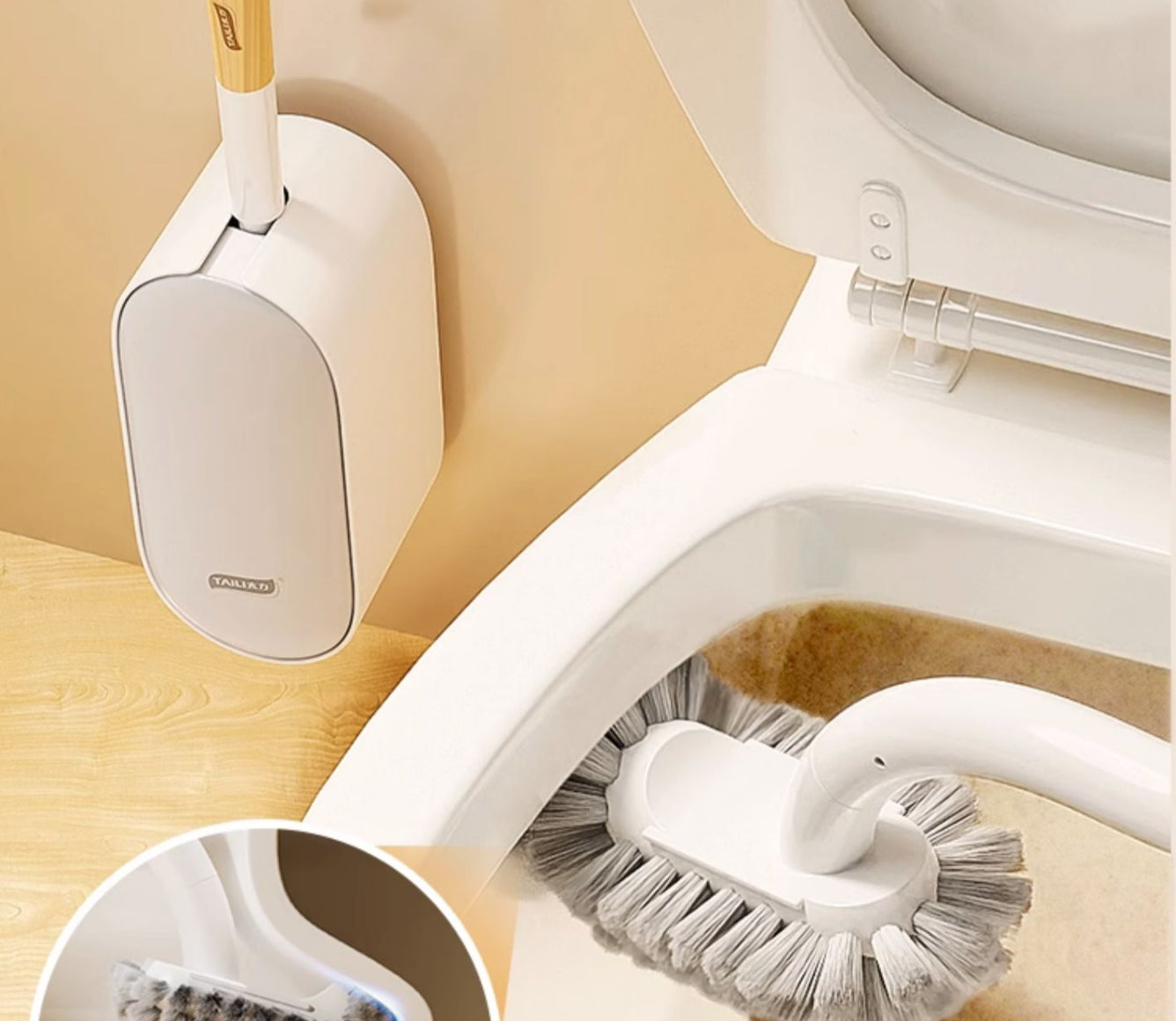 Taili Wall-Mounted No Drilling Bathroom Deep Cleaning Toilet Bowl Brush Holder Set X2Pack