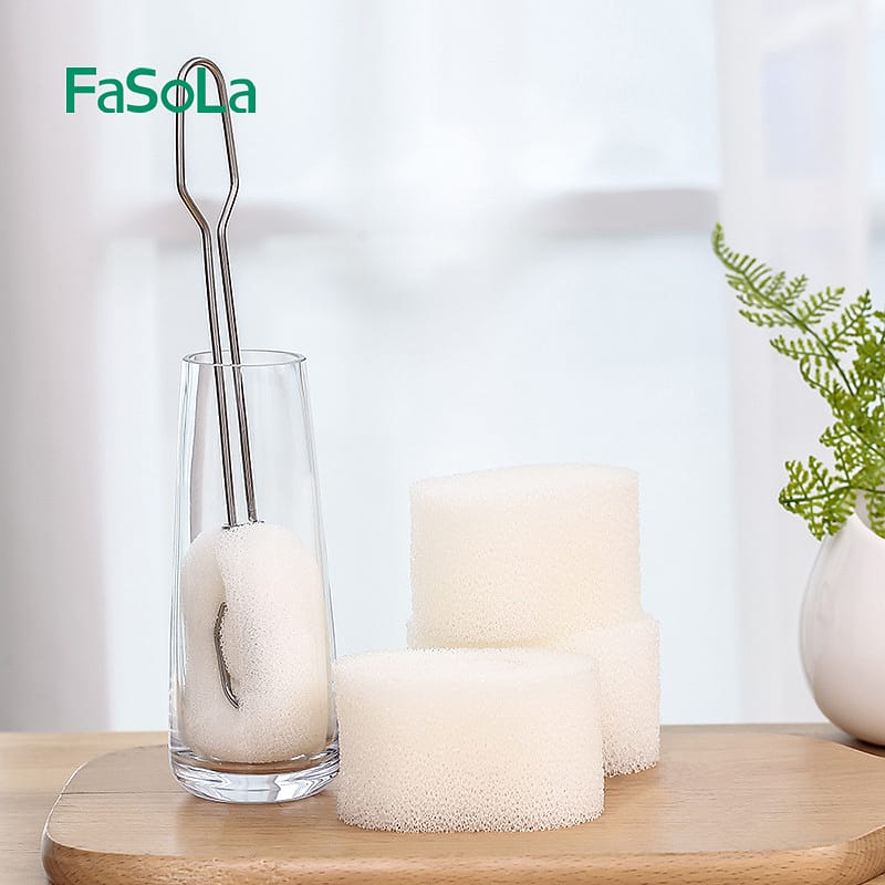 Fasola White Stainless Steel Long Handle Cup Bottle Cleaner Brush with Sponge 34.5 X 5.5 cm X2Pack
