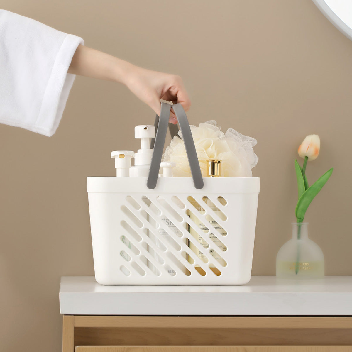 Fasola White Plastic Organizer Storage Baskets with Handles Shower Caddy Bins Organizer 26.5 X 18 X 17 cm X4Pack