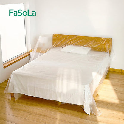 Fasola Disposable Clear Plastic Dustproof Film Pre-Taped Masking Film Plastic Sheeting Cover Roll for Appliance and Furniture Transparent 2*20mX2Pack