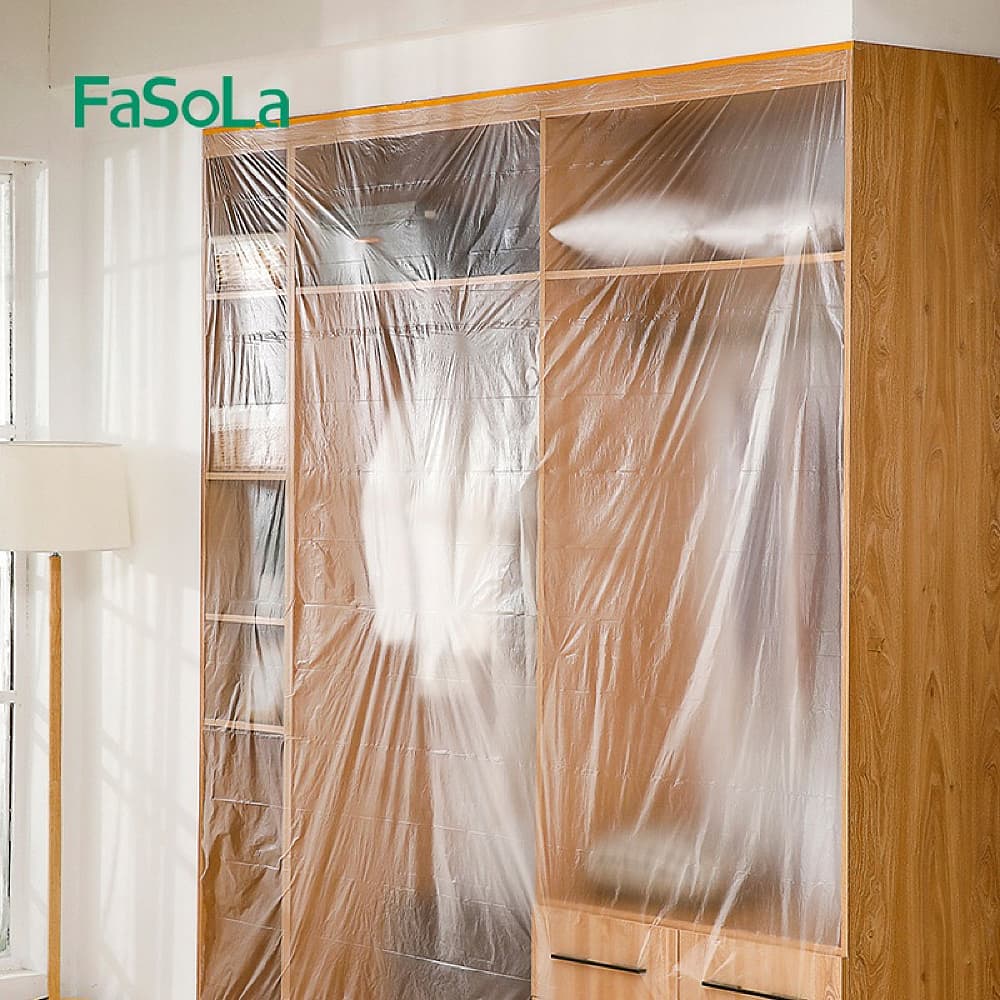 Fasola Disposable Clear Plastic Dustproof Film Pre-Taped Masking Film Plastic Sheeting Cover Roll for Appliance and Furniture Transparent 2*20mX2Pack