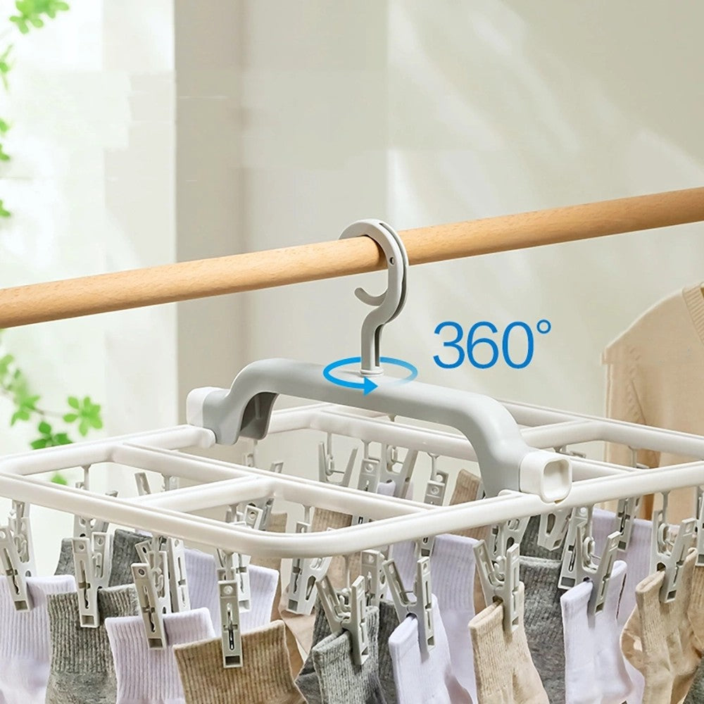 Lifease Multi-Function 360 Degree Rotatable Folding Clothes Drying Rack Laundry Hooks with Clips Hanger for Baby Clothes 32 Clips X4Pack