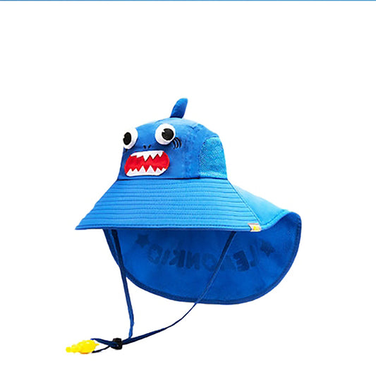 Lemonkid Children's Sun Hat - Ocean Blue Shark (Small) with Extra Wide Brim & Neck Flap, Whistle Included X1Pack