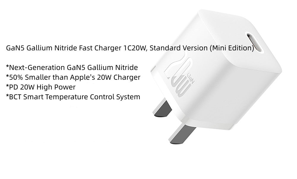 Baseus GaN USB C Fast Charger USB-C Power Adapter for iPhone and Galaxy 1C 20W Mini White X2Pack