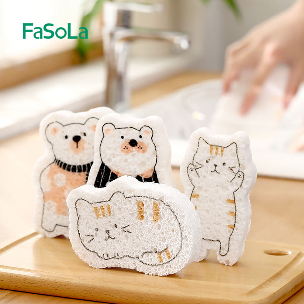 Fasola Cat Pattern Home Kitchen Cleaning Compressed Sponge for Washing Dishes 9.5 X 7 cm X4Pack