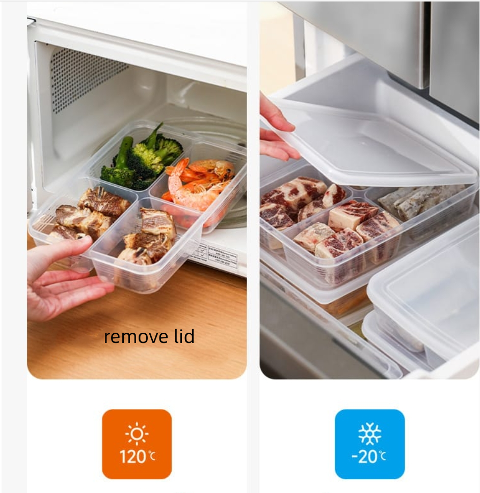 Fasola 4 compartments Portable Freezer Plastic Storage Containers with Lid 23*4.8*16.6cmX2Pack