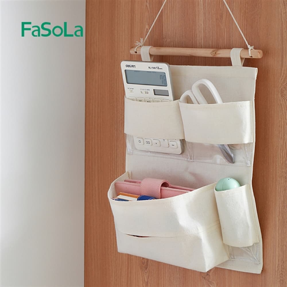 Fasola Door Hanging Storage Pouch Bag in OffWhite Color Big Pockets Linen 30 X 23cm X2Pack