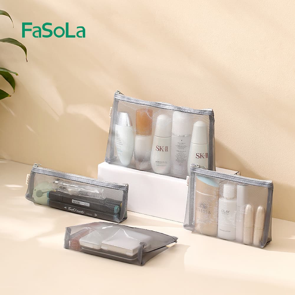 Fasola Portable Mini Makeup Cosmetic Bag in Grey Toiletry Bag for Travel Large Size 21 X 15cm X4Pack