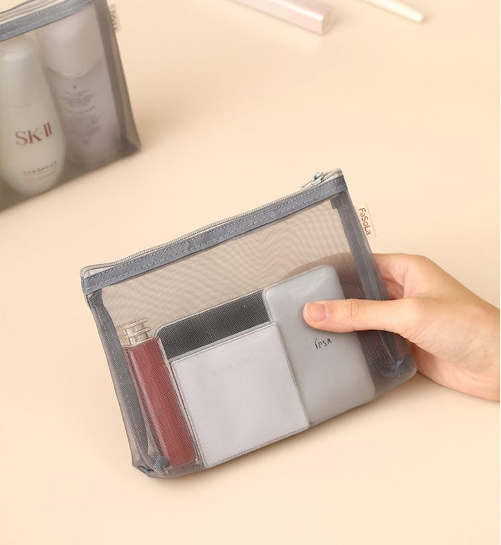 Fasola Portable Mini Makeup Cosmetic Bag in Grey Toiletry Bag for Travel Large Size 21 X 15cm X4Pack